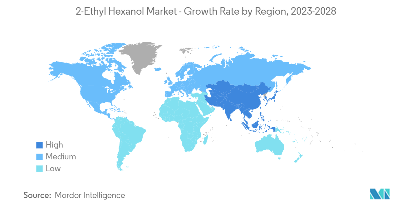 Рынок 2-этилгексанола - темпы роста по регионам, 2023-2028 гг.