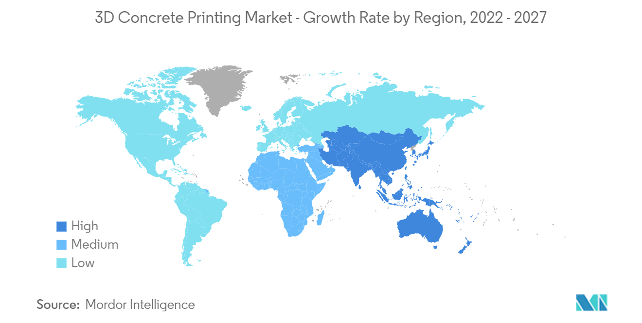 Mercado de impresión de hormigón 3D tasa de crecimiento por región, 2022-2027