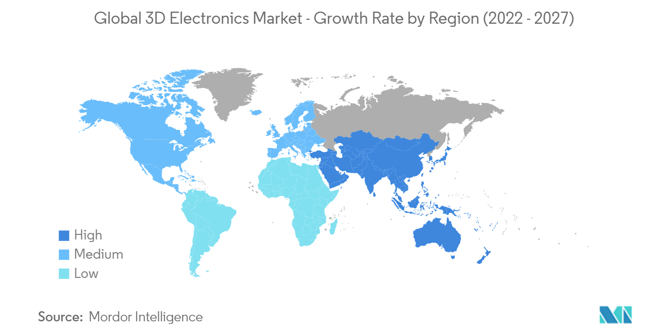 3Dエレクトロニクスの世界市場-地域別成長率（2022年～2027年）