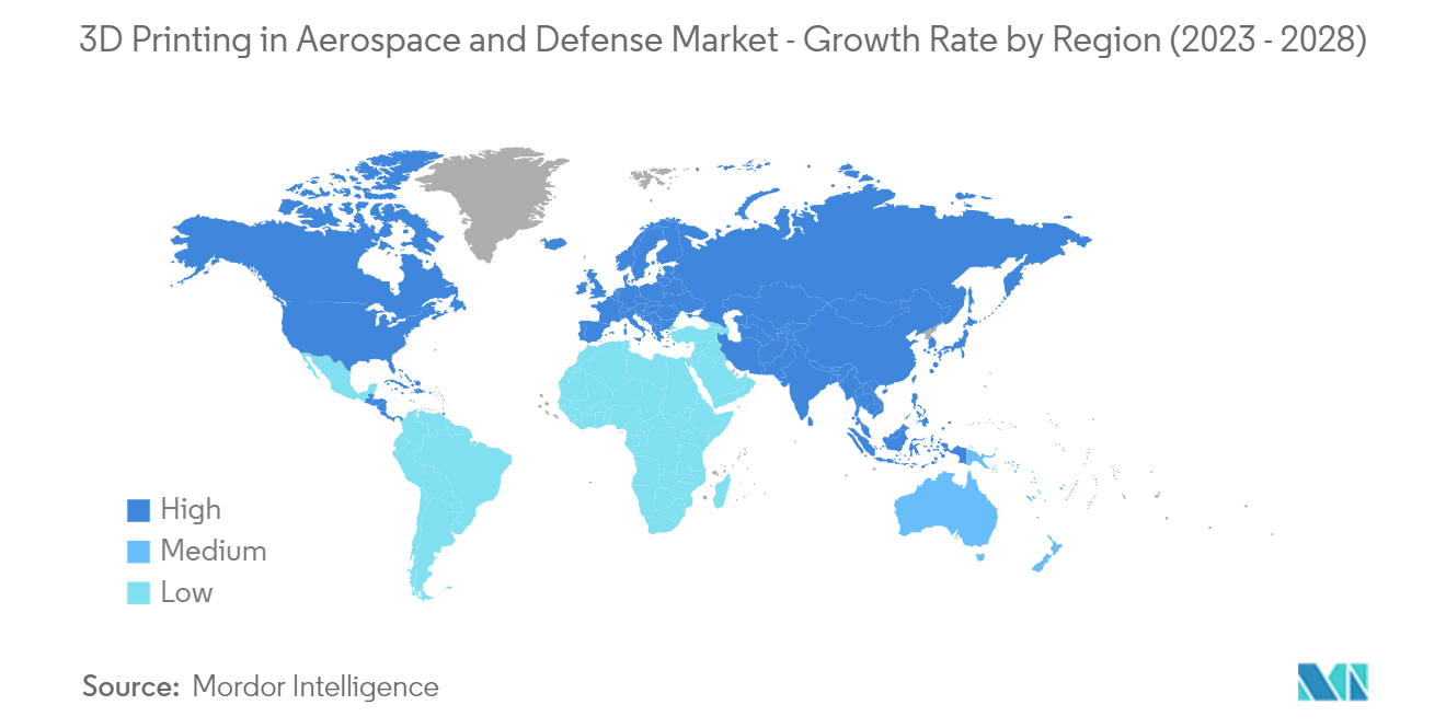 3D-Druck im Luft-, Raumfahrt- und Verteidigungsmarkt – Wachstumsrate nach Regionen (2023 – 2028)
