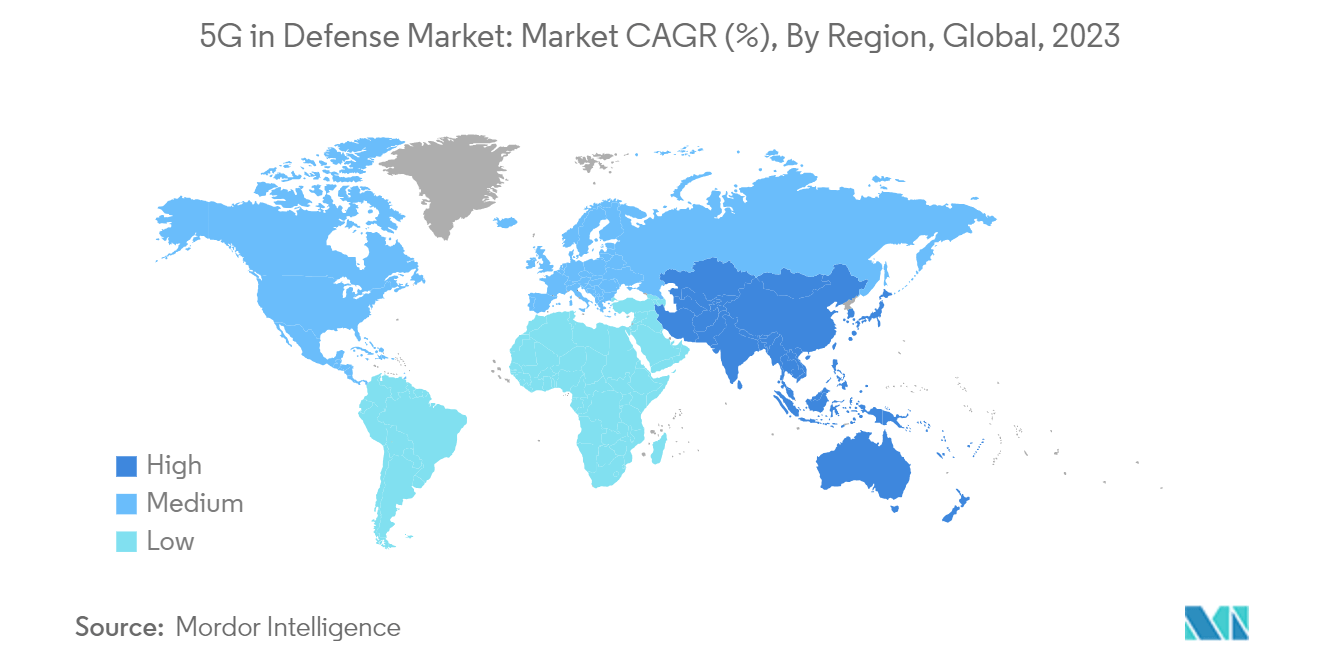 국방 시장의 5G: 시장 CAGR(%), 지역별, 글로벌, 2023