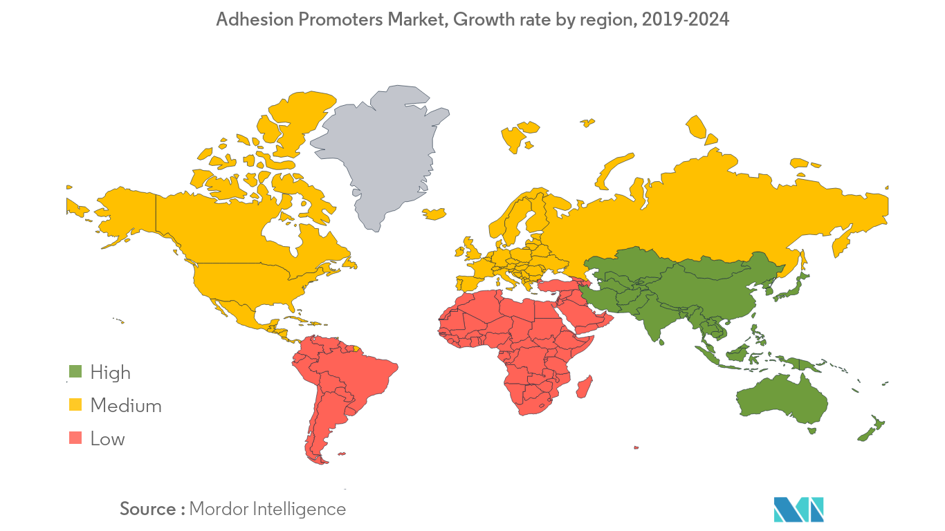 سوق مروجي الالتصاق، معدل النمو حسب المنطقة، 2019-2024