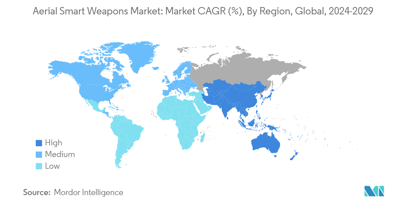 Mercado de Armas Inteligentes Aéreas: CAGR do Mercado (%), Por Região, Global, 2024-2029 Mercado de Armas Inteligentes Aéreas: CAGR do Mercado (%), Por Região, Global, 2024-2029