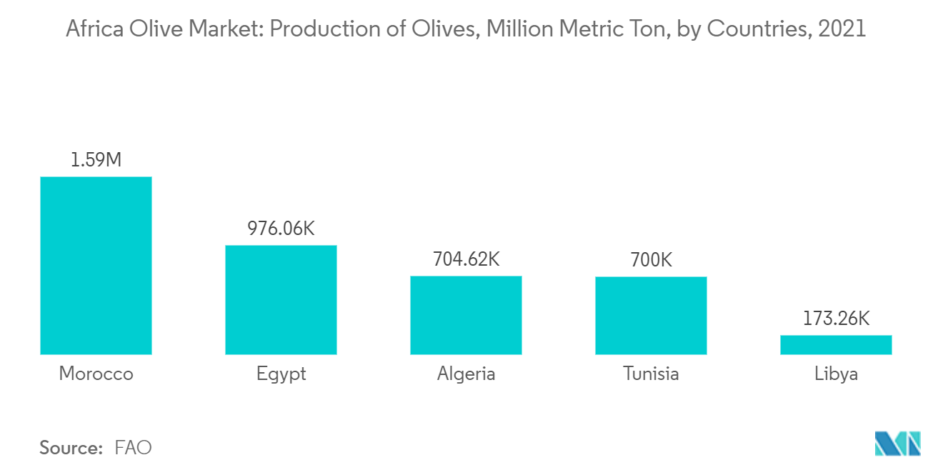 Africa Olive Market: Production of Olives, Million Metric Ton, by Countries, 2021