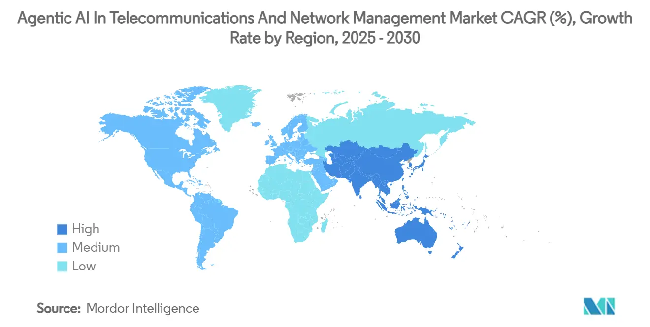 CAGR (%) del mercato dell'intelligenza artificiale agentica nelle telecomunicazioni e nella gestione delle reti, tasso di crescita per regione