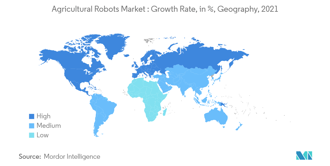 Thị trường robot nông nghiệp Tốc độ tăng trưởng, tính bằng %, Địa lý, năm 2021