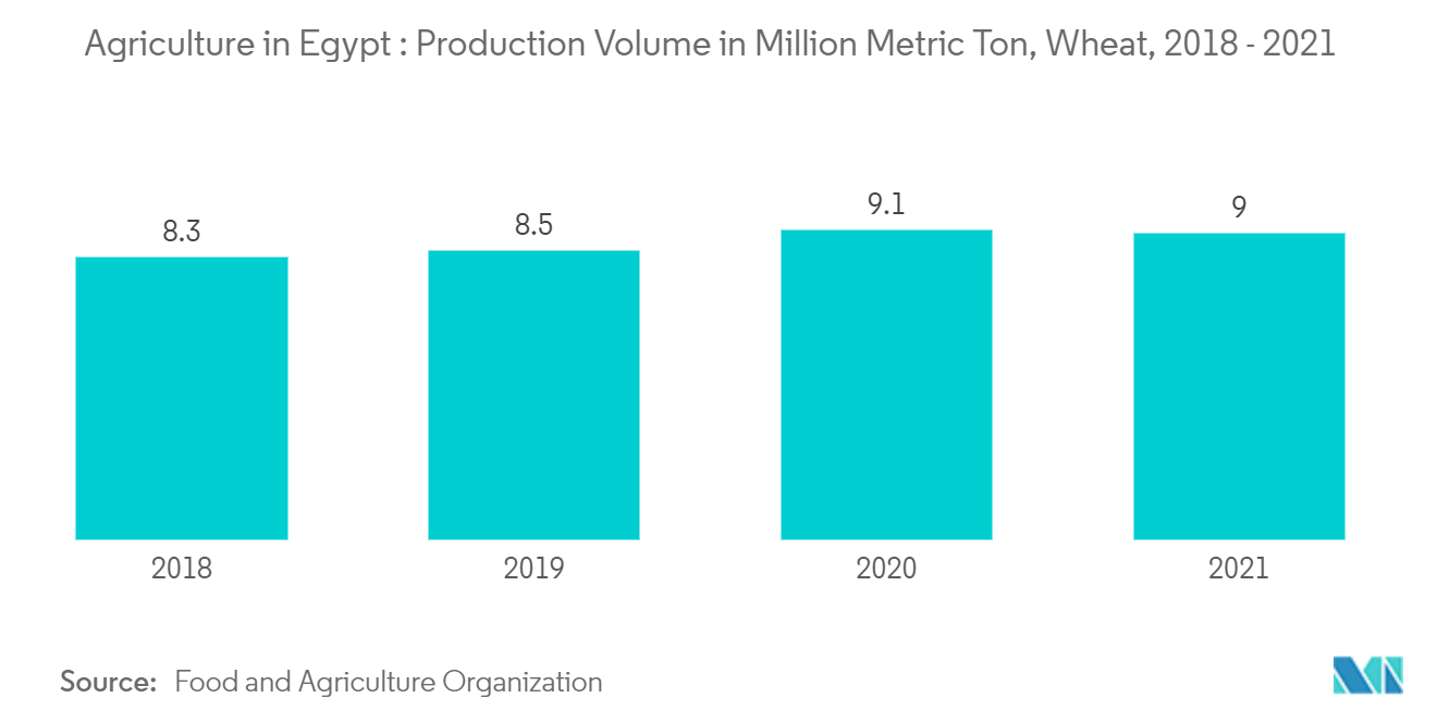 Agriculture in Egypt : Production Volume in Million Metric Ton, Wheat, 2018 - 2021