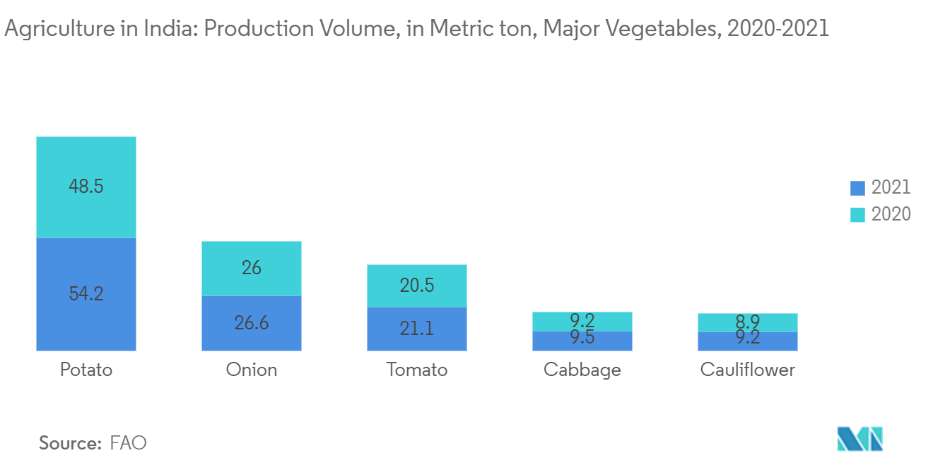 Mercado agrícola en la India volumen de producción, toneladas métricas, principales hortalizas, 2020-2021