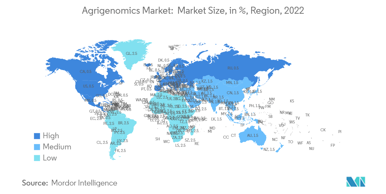 Рынок агрогеномики размер рынка, в %, регион, 2022 г.