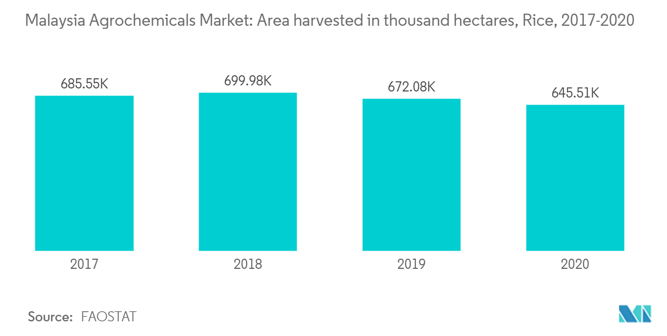 Mercado de Agroquímicos da Malásia: Área colhida em mil hectares, Arroz, 2017-2020