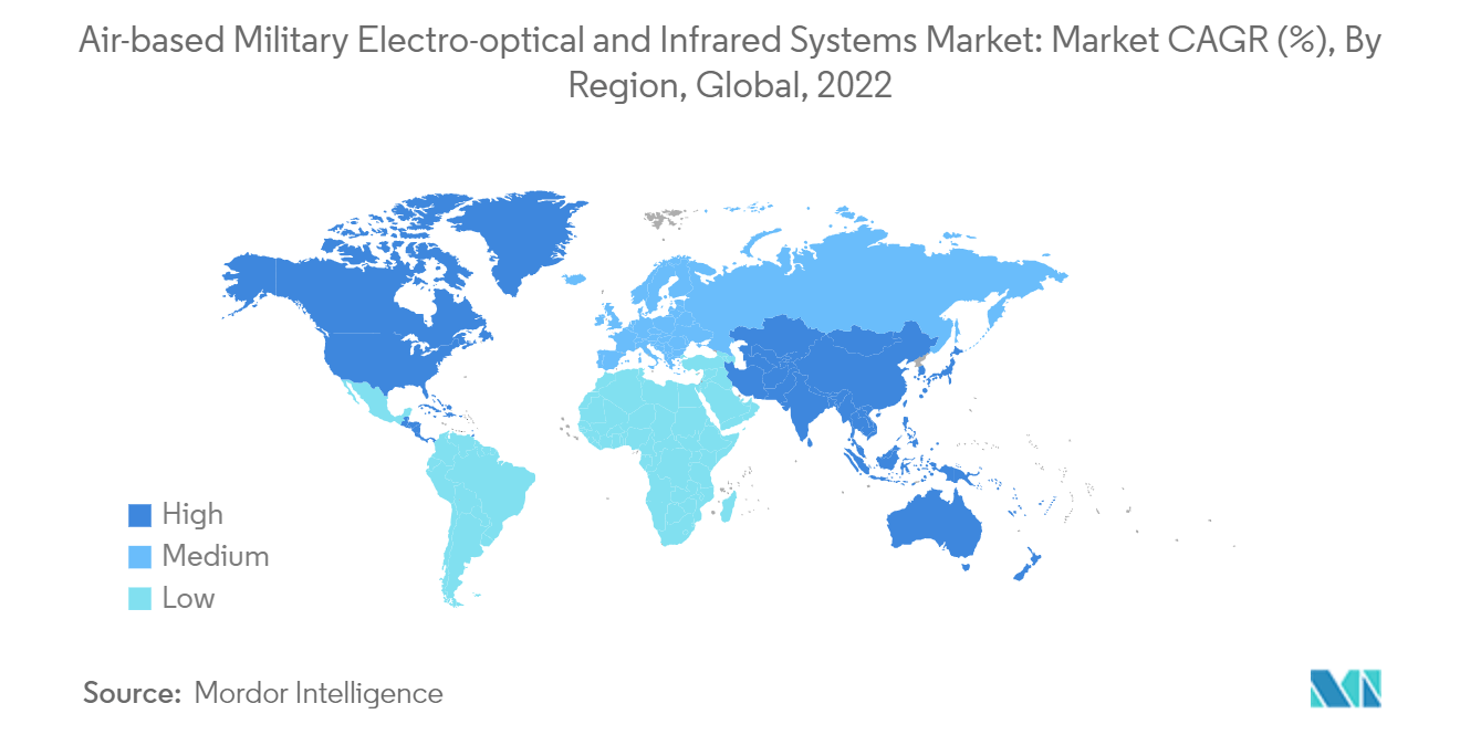 Рынок военных электрооптических и инфракрасных систем воздушного базирования среднегодовой темп роста рынка (%), по регионам, в мире, 2022 г.