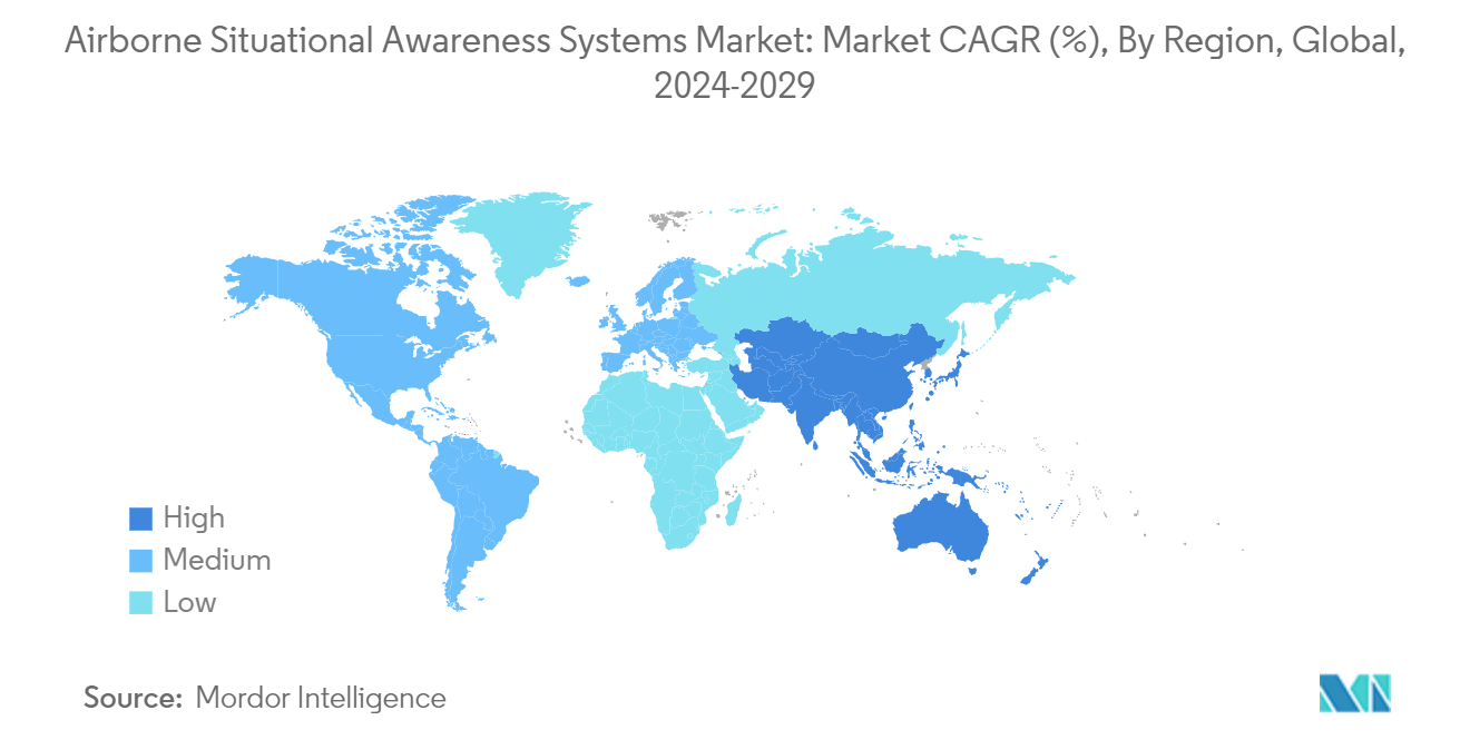 空中状況認識システム市場：市場CAGR(%)、地域別、世界、2024-2029年