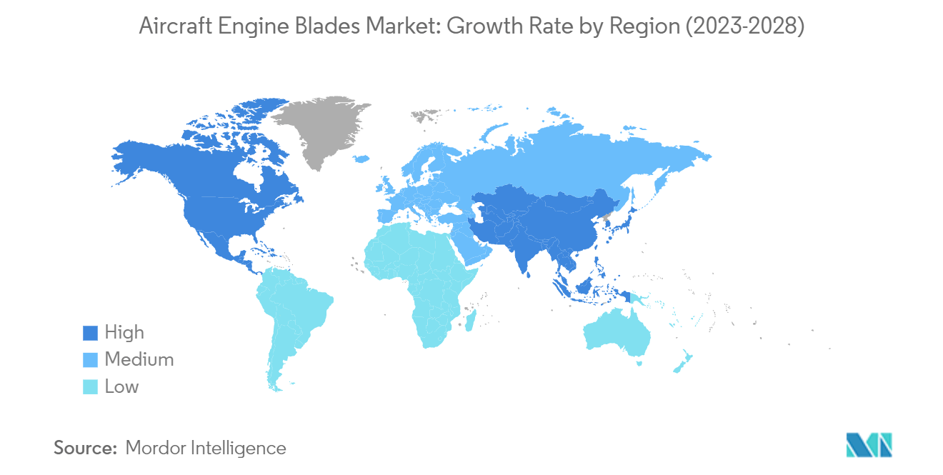 航空機エンジンブレード市場地域別成長率（2023年～2028年）