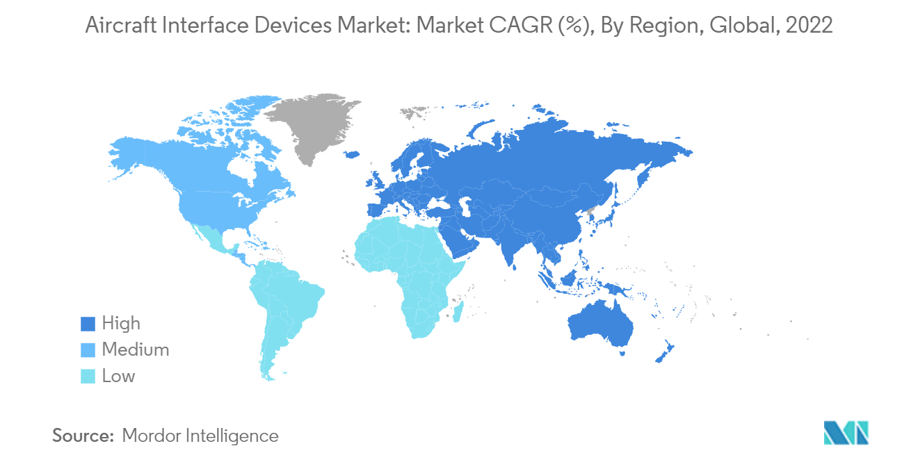 سوق أجهزة واجهة الطائرات معدل نمو سنوي مركب للسوق (٪)، حسب المنطقة، عالميًا، 2022