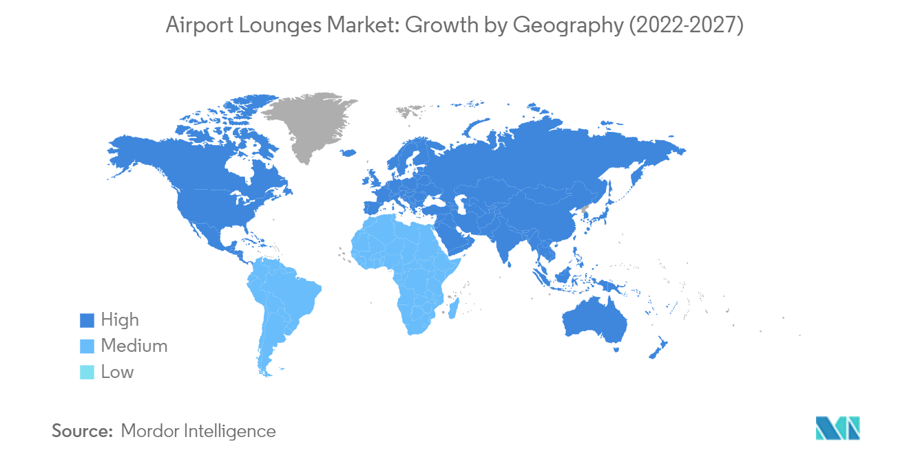 空港ラウンジ市場：地域別成長率（2022年〜2027年）