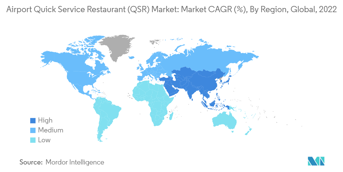 Thị trường nhà hàng phục vụ nhanh tại sân bay (QSR) CAGR thị trường (%), Theo khu vực, Toàn cầu, 2022