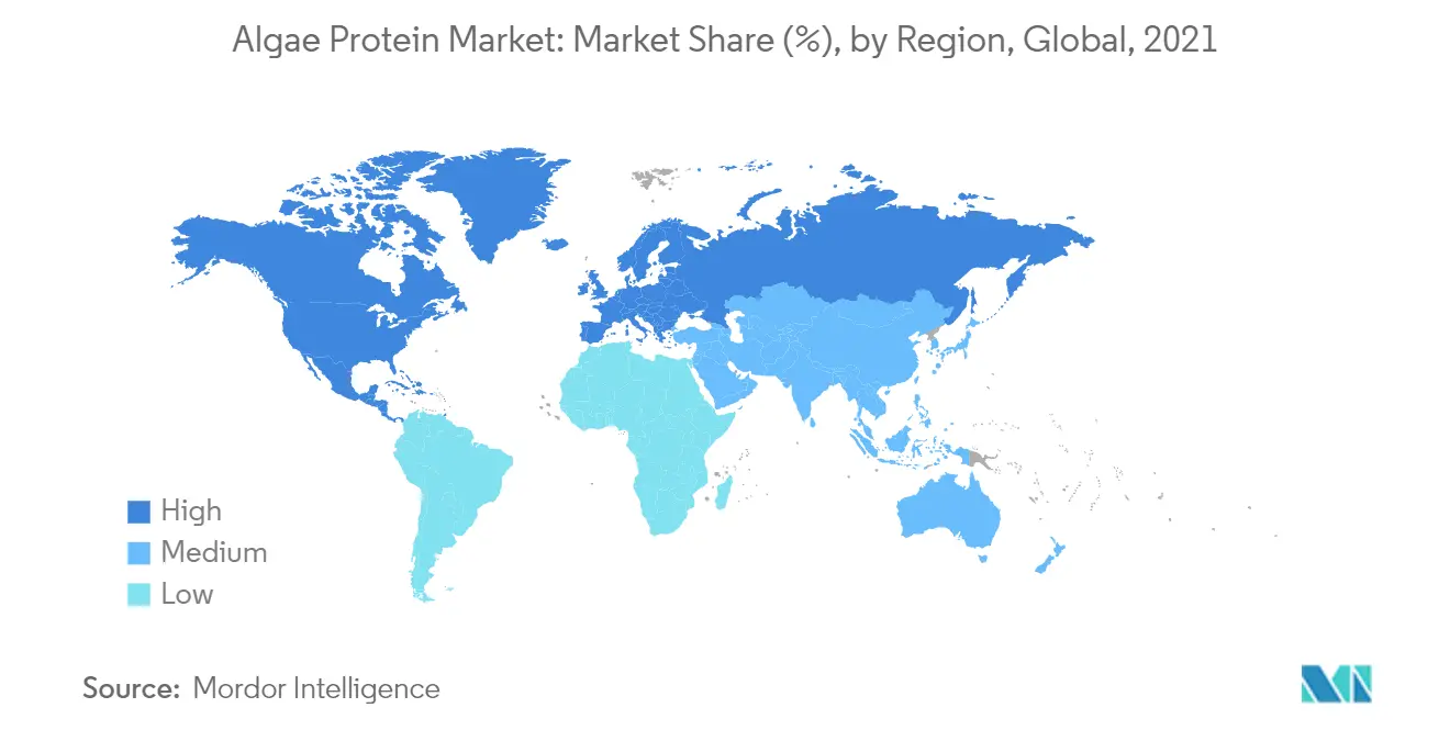 Thị trường Protein tảo Thị phần (%), theo khu vực, Toàn cầu, 2021