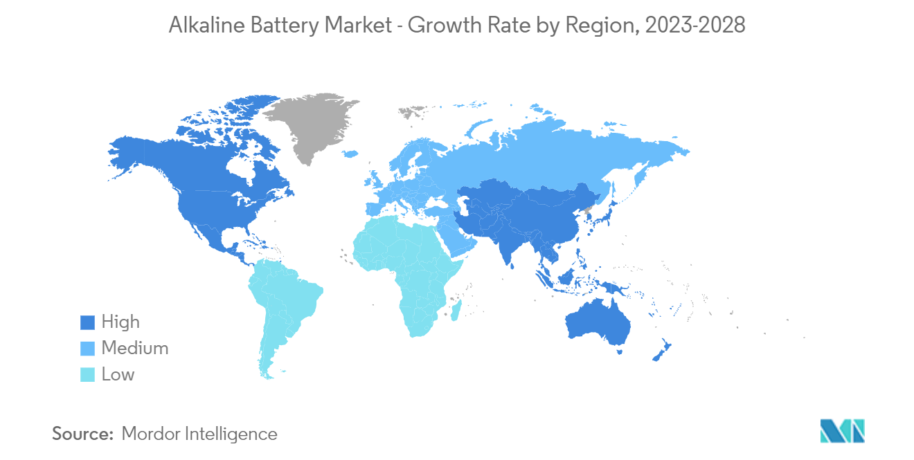 Рынок щелочных батарей – темпы роста по регионам, 2023–2028 гг.