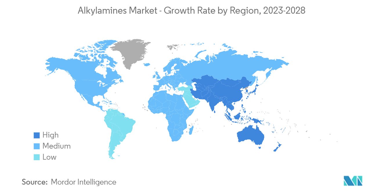 Рынок алкиламинов - темпы роста по регионам, 2023-2028 гг.