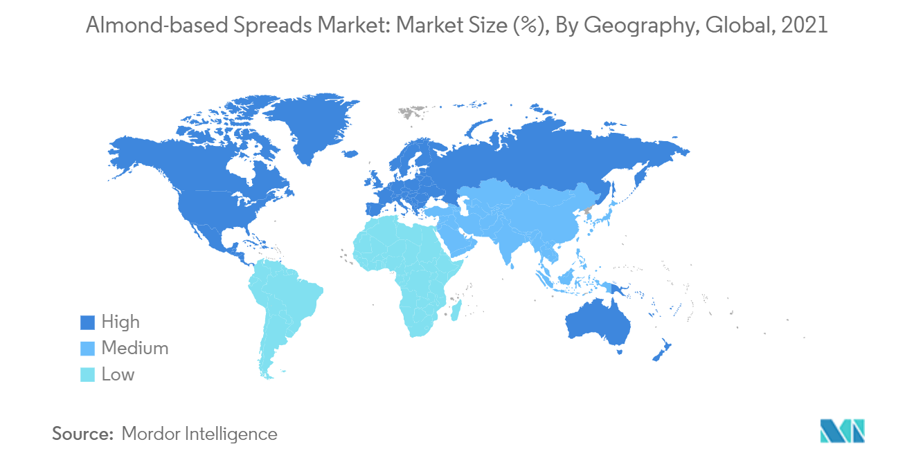アーモンドベースのスプレッド市場市場規模（％）：地域別、世界、2021年