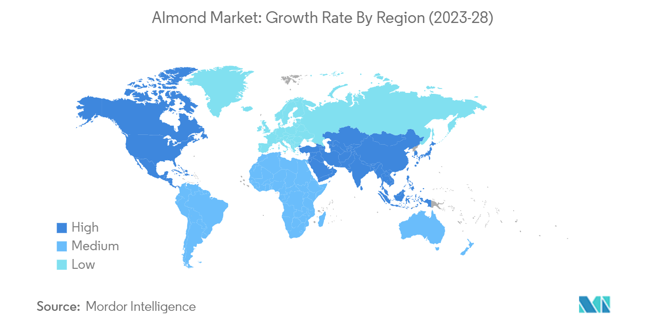 Mercado de Amêndoas Taxa de Crescimento por Região (2023-28)