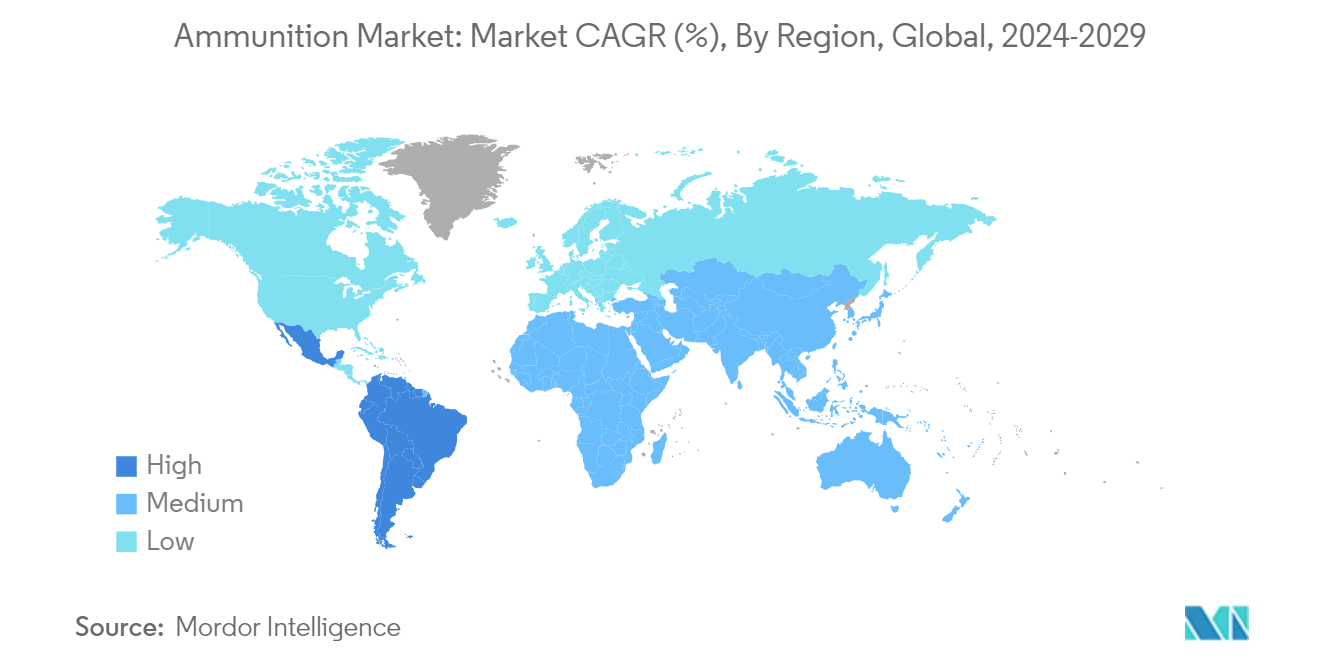 弾薬市場：市場CAGR(%)、地域別、世界、2024-2029年