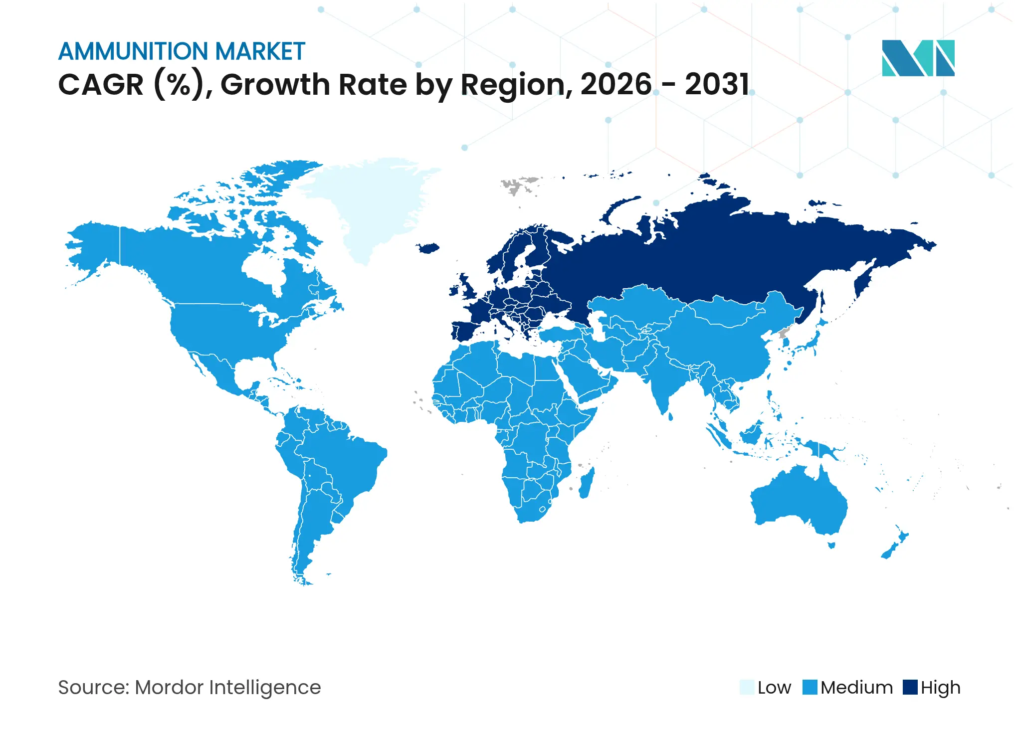 탄약 시장 CAGR (%), 지역별 성장률