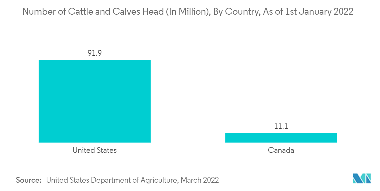 动物遗传学市场 - 截至 2022 年 1 月 1 日，按国家/地区划分的牛和犊牛数量（单位：百万）