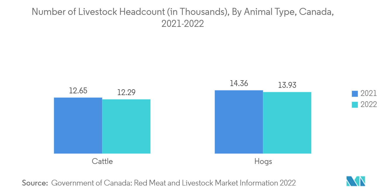 Рынок тестов на беременность животных- Поголовье скота (в тысячах) по видам животных, Канада, 2021-2022 гг.