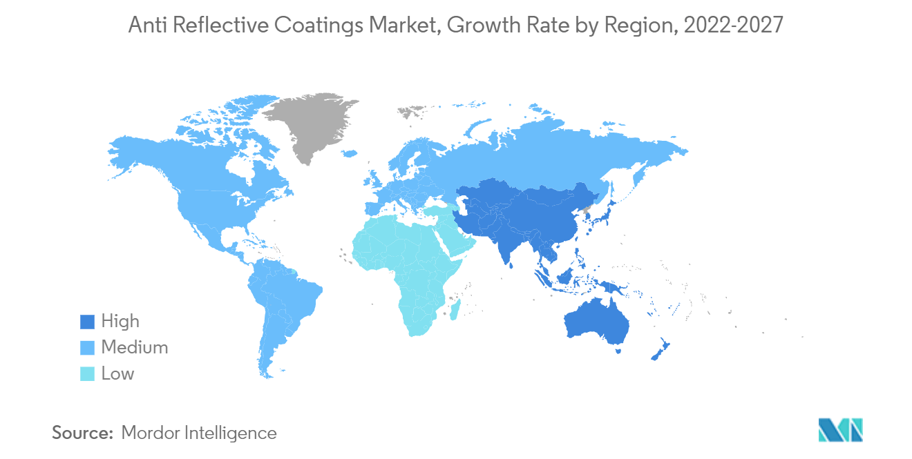 Mercado de revestimientos antirreflectantes, tasa de crecimiento por región, 2022-2027
