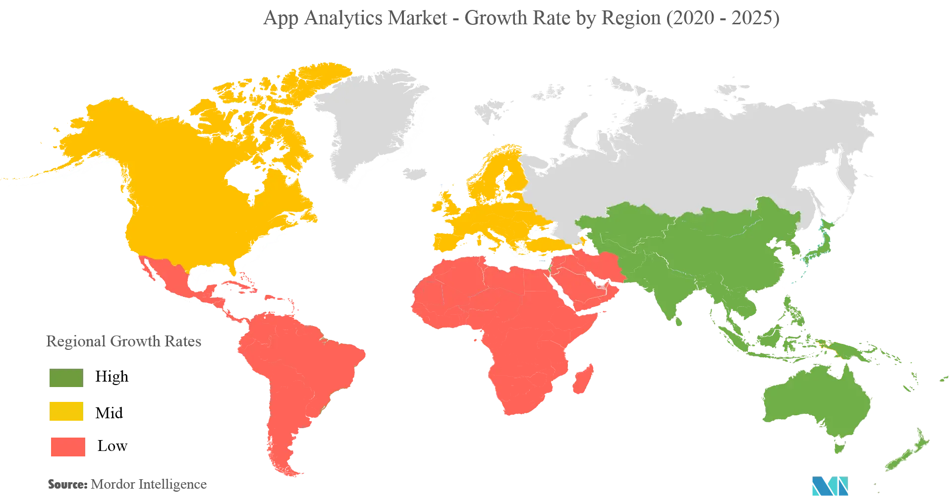 Рынок App Analytics – темпы роста по регионам (2020–2025 гг.)