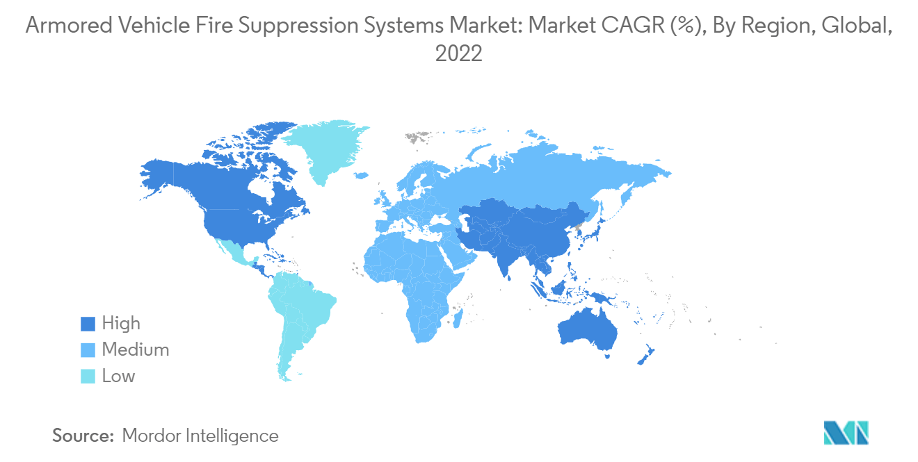 Thị trường hệ thống chữa cháy cho xe bọc thép - Thị trường hệ thống chữa cháy cho xe bọc thép CAGR thị trường (%), Theo khu vực, Toàn cầu, 2022