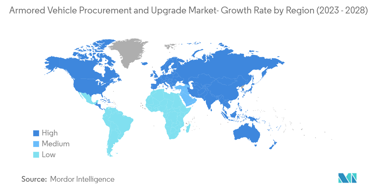 Mercado de aquisição e atualização de veículos blindados – Taxa de crescimento por região (2023 – 2028)