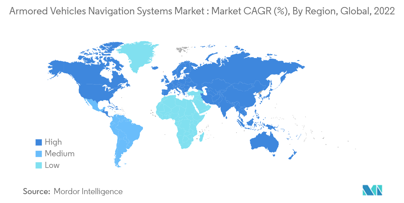 Mercado de sistemas de navegação de veículos blindados Mercado CAGR (%), por região, global, 2022