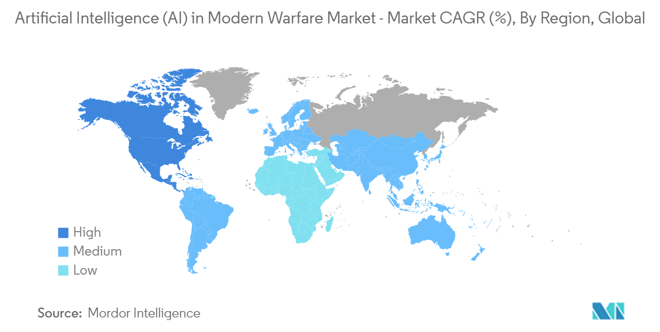 现代战争市场中的人工智能 (AI) - 按地区划分的增长率（2023 年 - 2028 年）