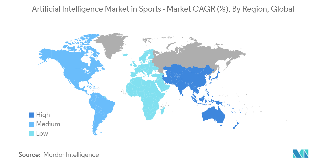 سوق الذكاء الاصطناعي في الرياضة - معدل النمو السنوي المركب للسوق (٪)، حسب المنطقة، عالميًا