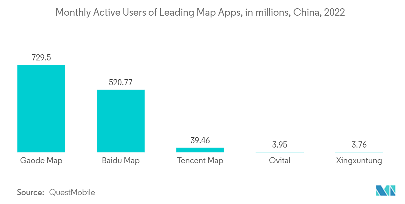 Asia-Pacific Location Analytics Market : Monthly Active Users of Leading Map Apps, in millions, China, 2022