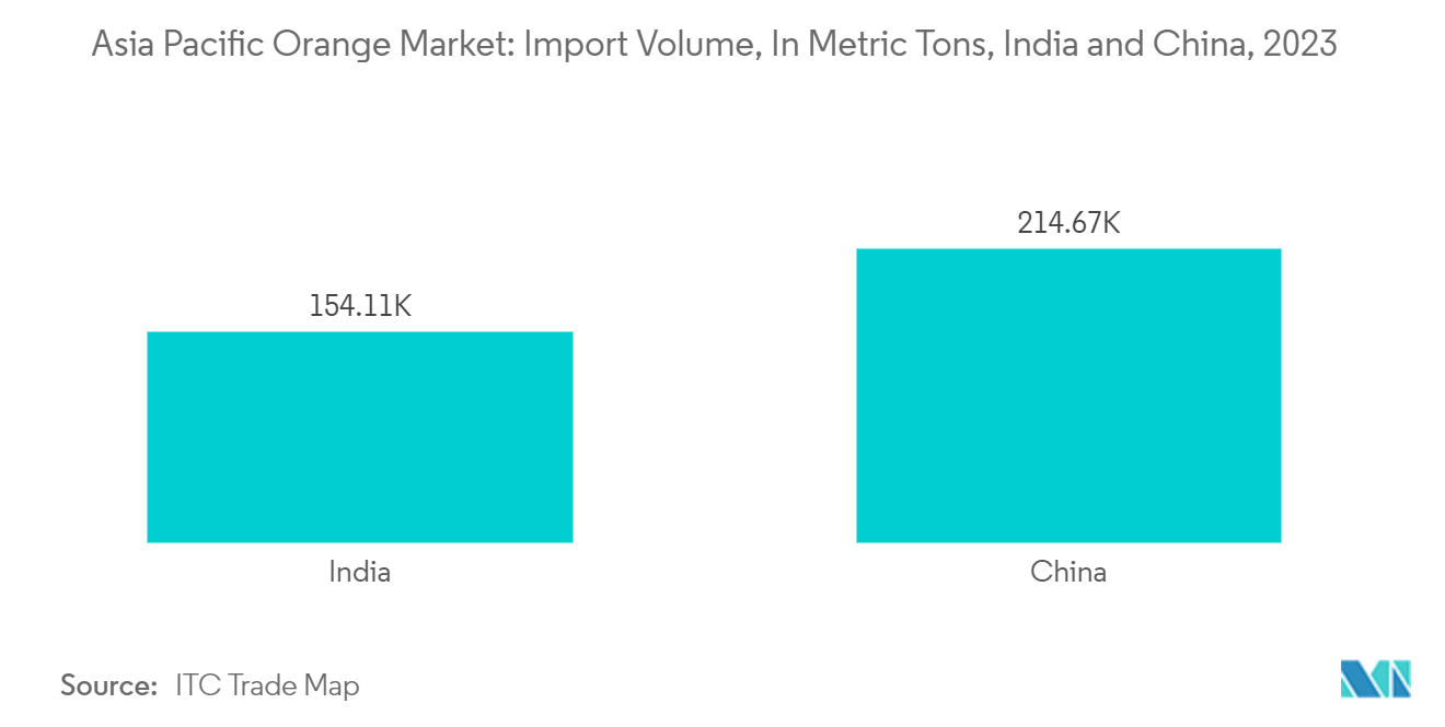 アジア太平洋地域のオレンジ市場：輸入量（メートルトン）：インド、中国、2023年