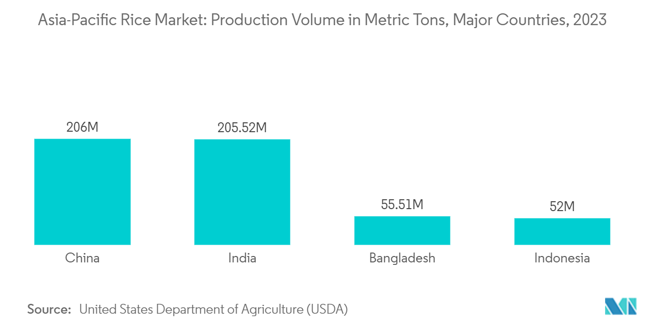 アジア太平洋のコメ市場：生産量（メトリックトン）：主要国別、2023年