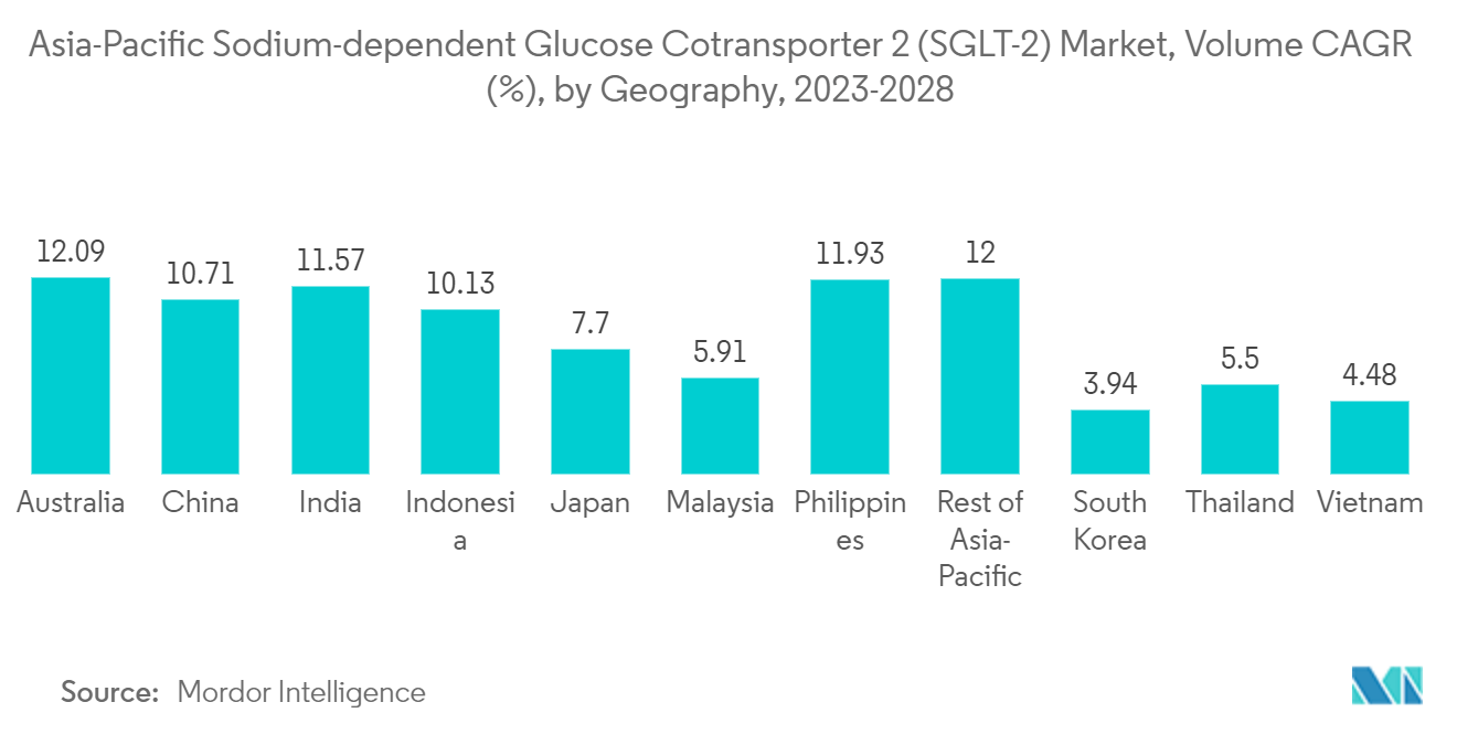 亚太地区钠依赖性葡萄糖协同转运蛋白 2 (SGLT-2) 市场，销量复合年增长率 (%)，按地理位置划分，2023-2028 年