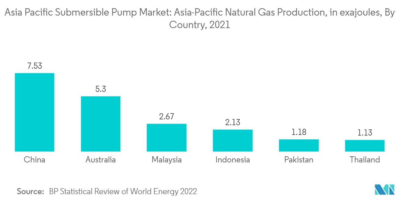 アジア太平洋地域の水中ポンプ市場 アジア太平洋地域の天然ガス生産量（エクサジュール）：国別、2021年