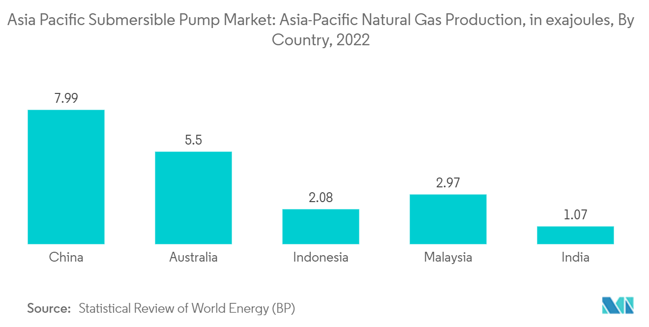 Asia Pacific Submersible Pump Market:  Asia-Pacific Natural Gas Production, in exajoules, By Country, 2021