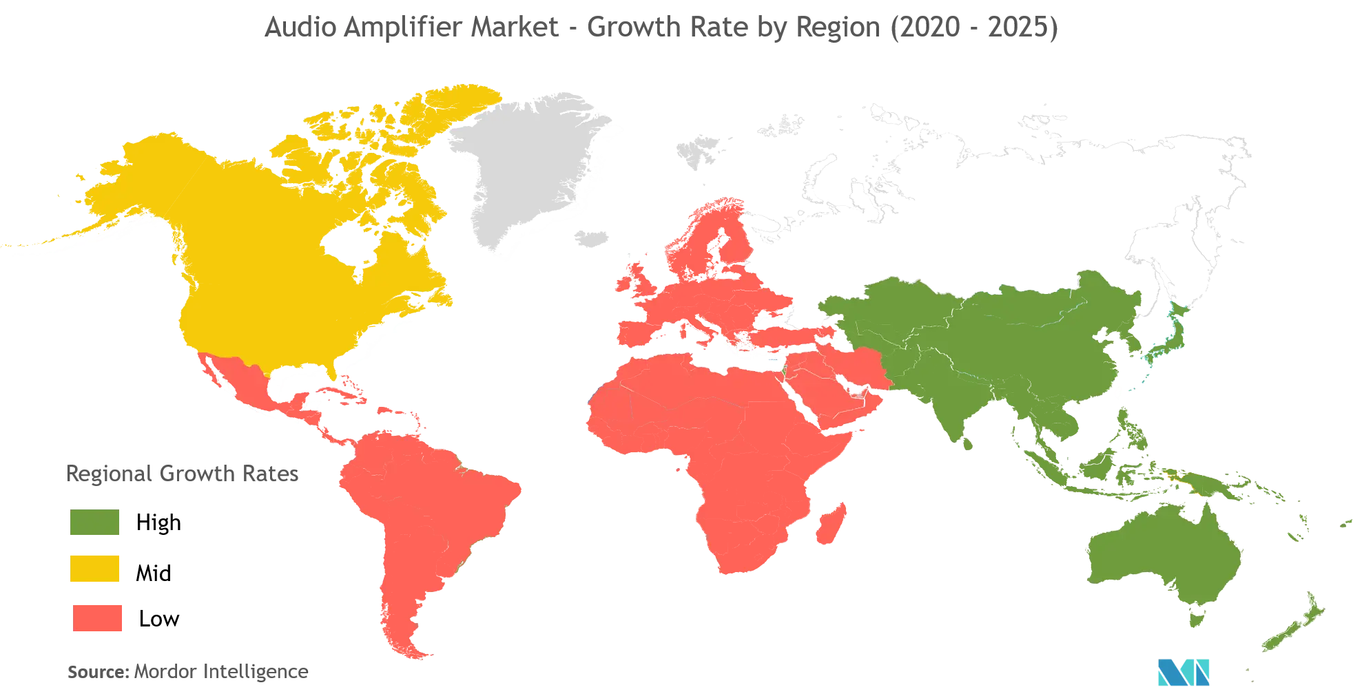 音频放大器市场 - 按地区划分的增长率（2020 - 2025）