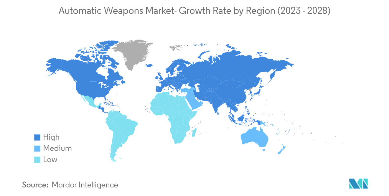 Mercado de armas automáticas tasa de crecimiento por región (2023 – 2028)