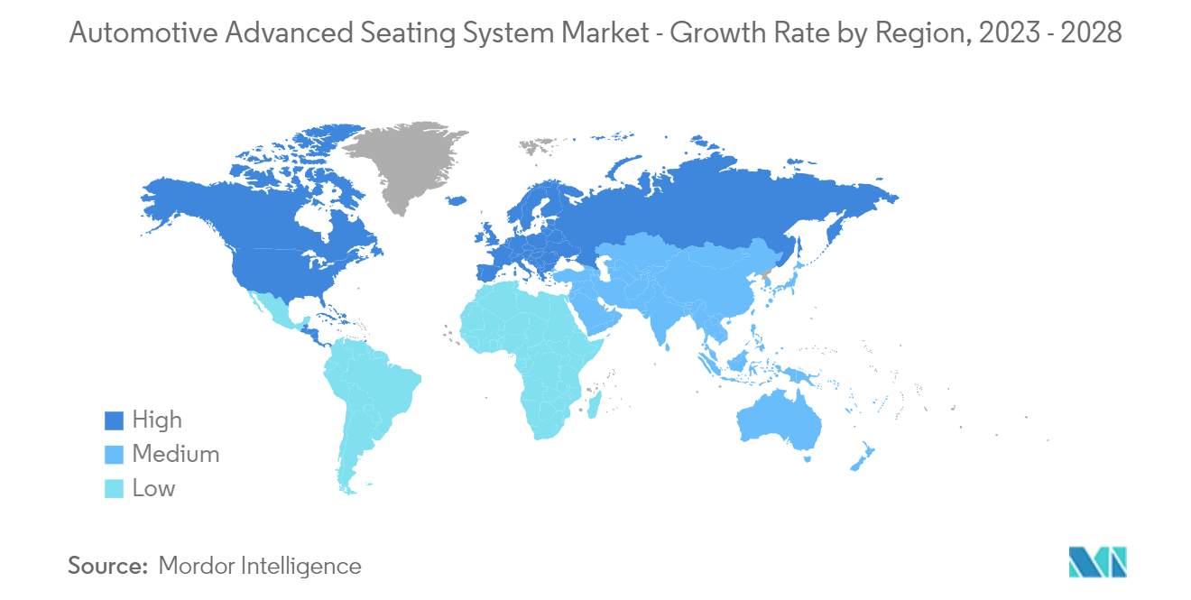 汽车高级座椅系统市场 - 按地区划分的增长率，2023 - 2028
