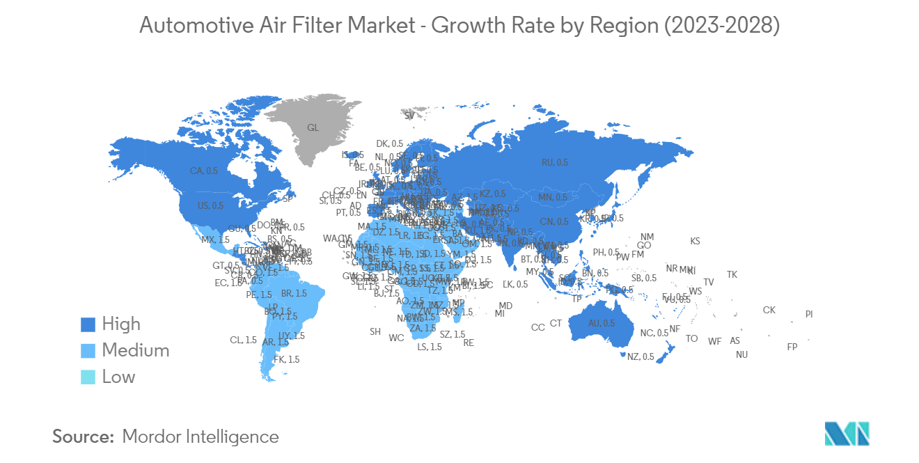 Automotive Air Filter Market - Growth Rate by Region (2023-2028)