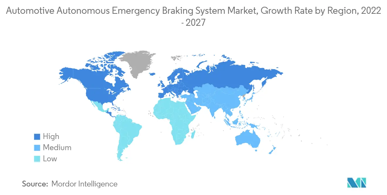 سوق نظام مكابح الطوارئ المستقلة للسيارات، معدل النمو حسب المنطقة، 2022
