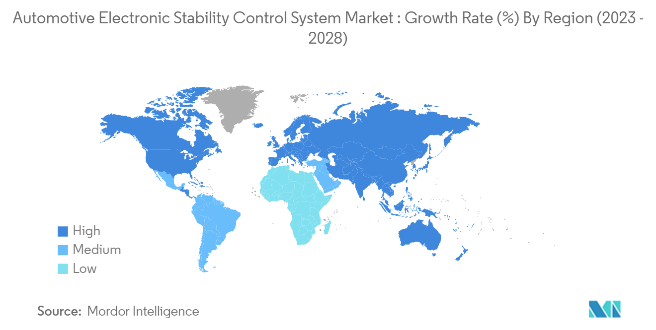汽车电子稳定控制系统市场：汽车电子稳定控制系统市场：按地区划分的增长率 (%) (2023 - 2028)