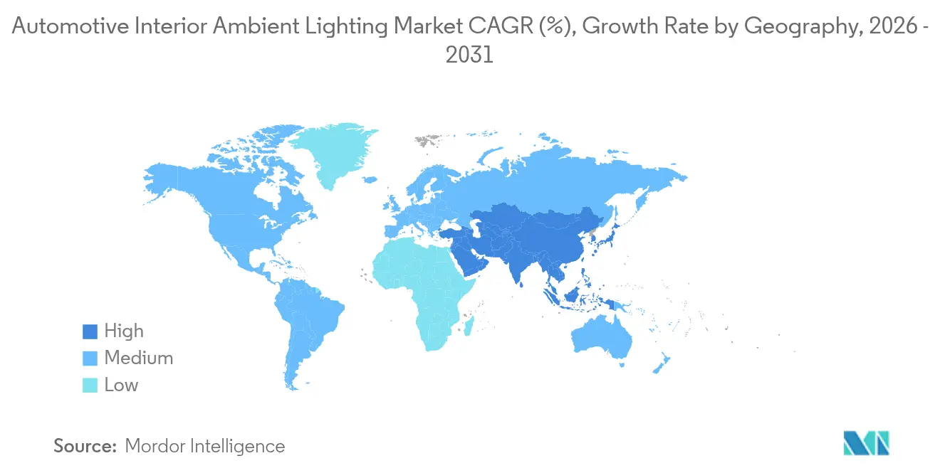 Tasa de Crecimiento del Mercado de Iluminación Ambiental Interior Automotriz por Región
