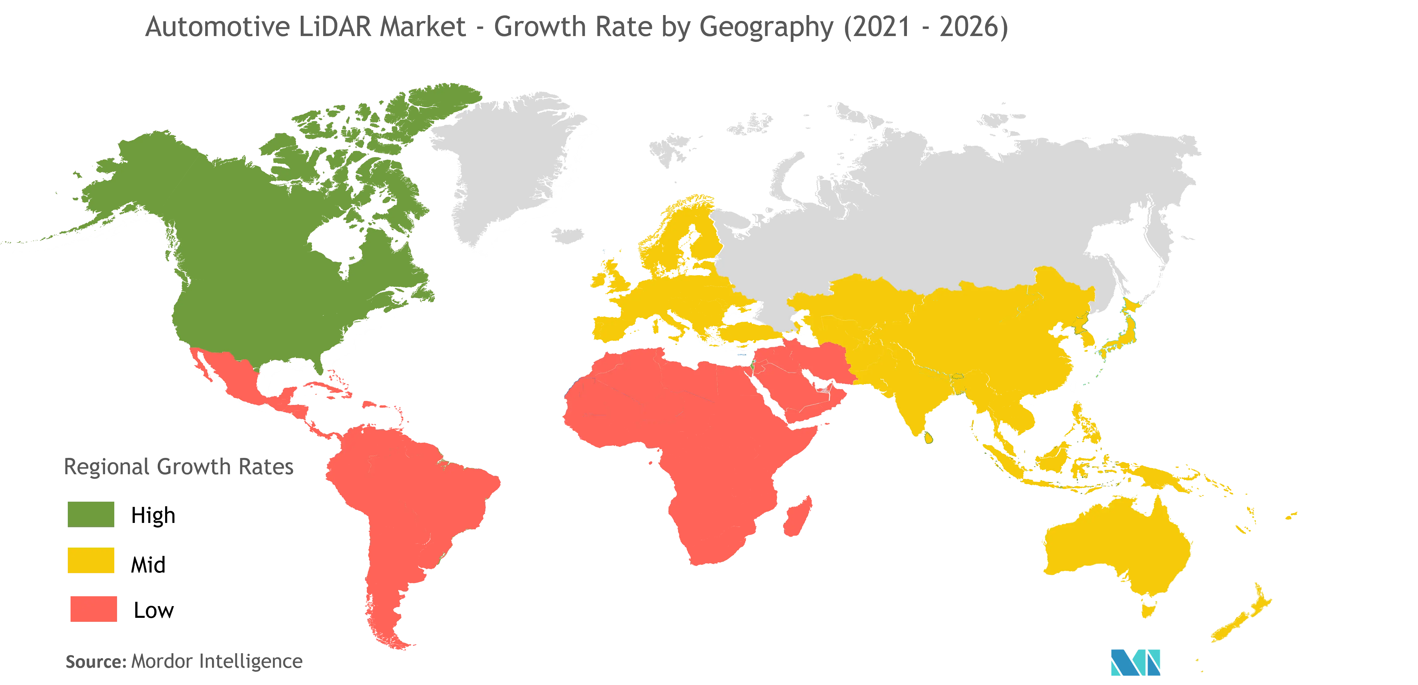 معدل نمو سوق LiDAR للسيارات حسب الجغرافيا (2021- 2026)